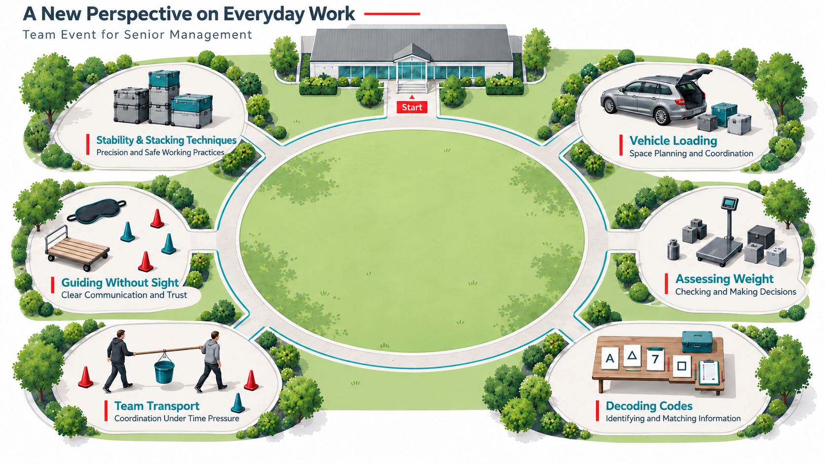 Map of a bespoke team-building event for managers, featuring six practical stations along a circular route